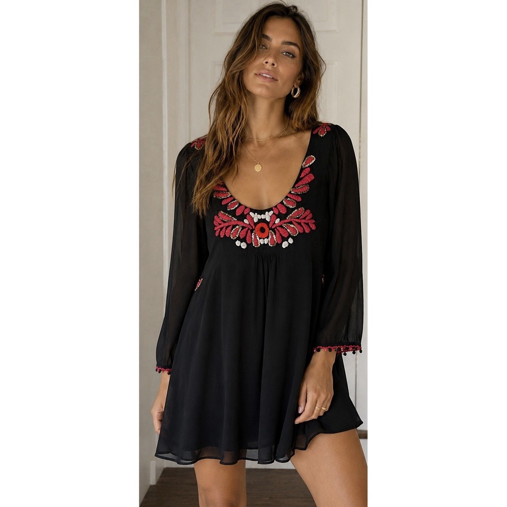 Temperley London Silk Embroidered Mini Dress Black Pink Sequin Boho US 10 UK 14